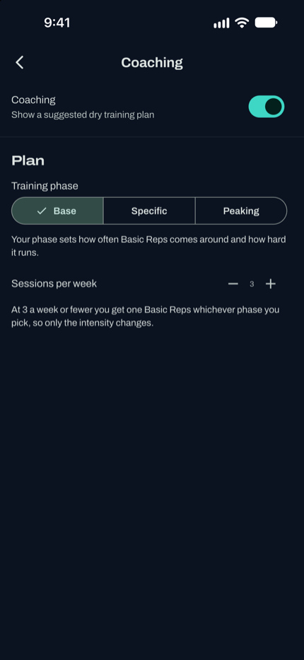 The Coaching settings screen with training phase set to Base and sessions per week set to three