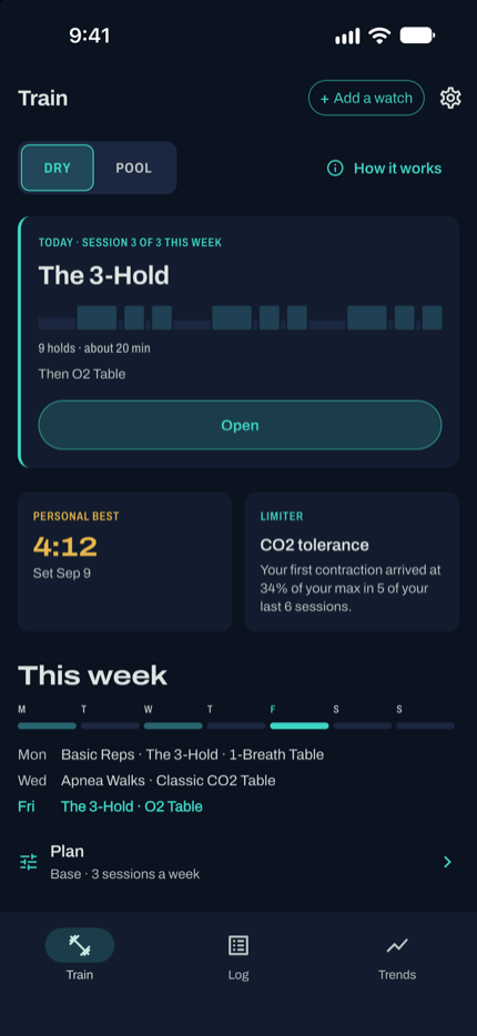 The Train screen on the phone app, showing today's session, your personal best and this week's plan